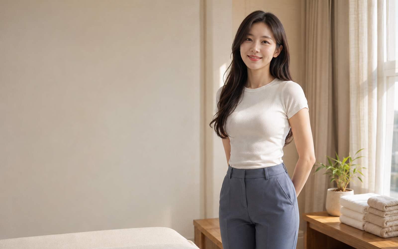 광주 방문 홈케어를 안내하는 젊은 성인 한국 여성 관리사